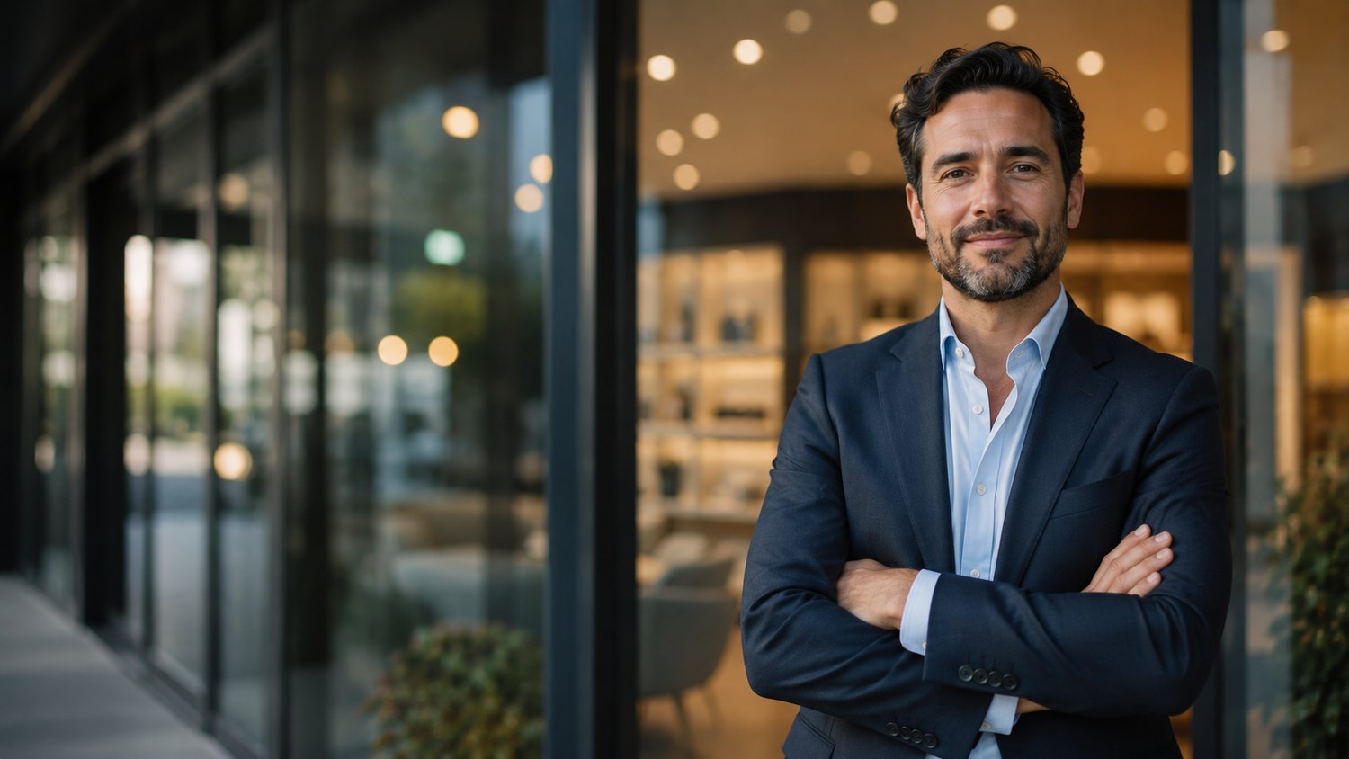 A confident business advisor outside a modern storefront